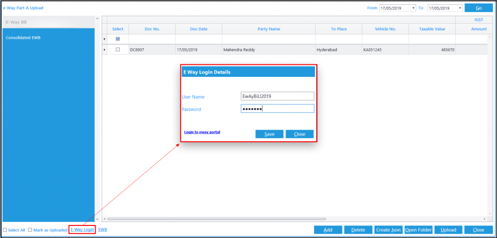 E-way Bill in Saral GST - save the login credentials