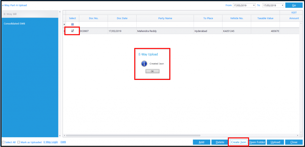 E-way Bill in Saral GST - click on create JSON