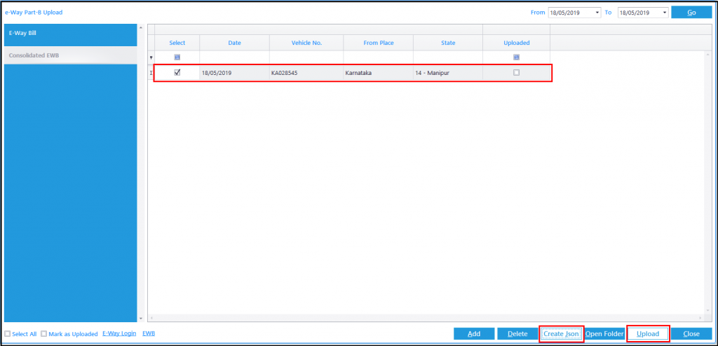 E-way Bill in Saral GST - click on upload and upload the details to the portal