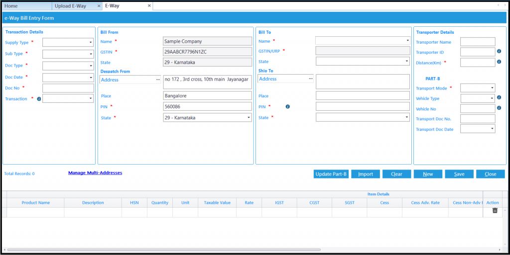 E-way Bill in Saral GST - eway bill entry form