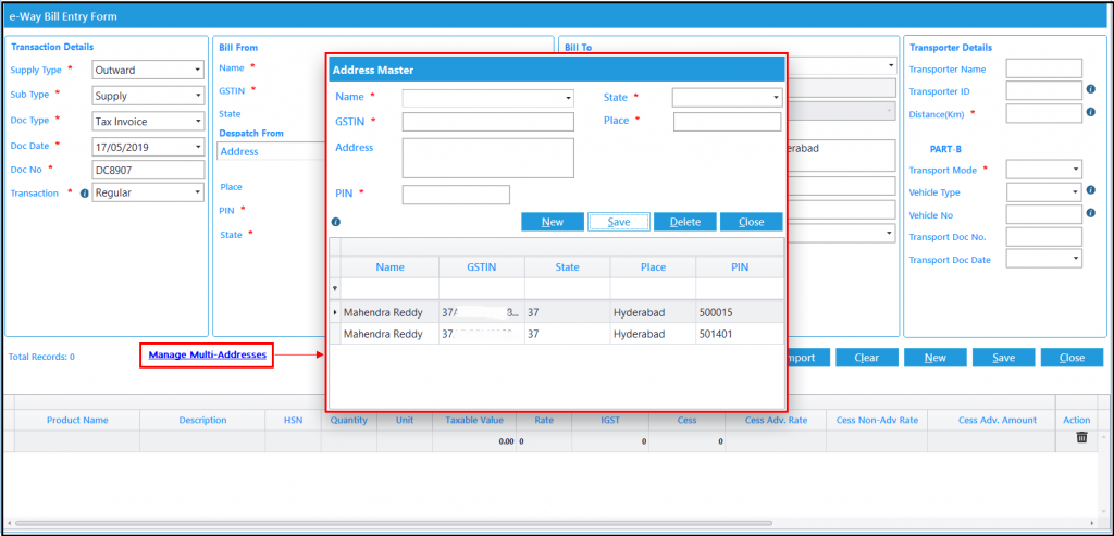 E-way Bill in Saral GST - manage multiple addresses