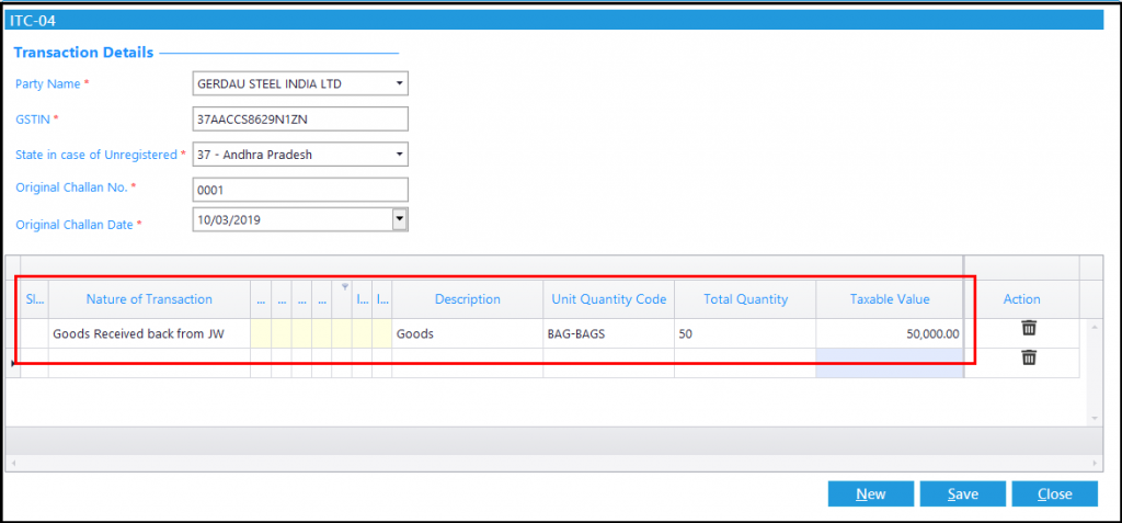 ITC-04 details in Saral GST - Goods received back from JW
