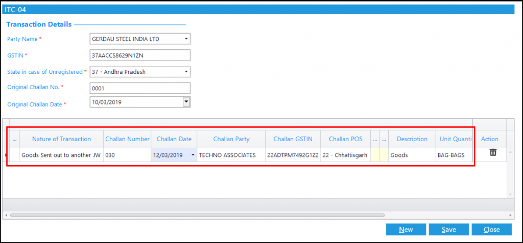 ITC-04 details in Saral GST - Goods sent out to another JW