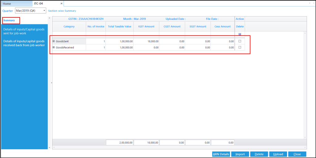 ITC-04 details in Saral GST - Summary