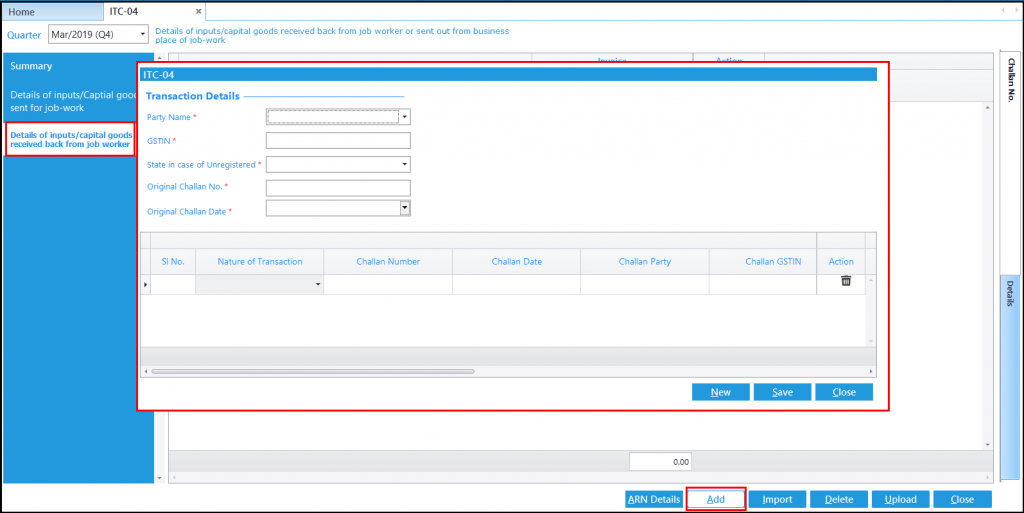 ITC-04 details in Saral GST - Capital Goods received back from job-worker