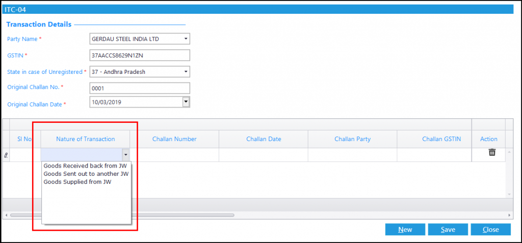ITC-04 details in Saral GST - Nature of Transaction