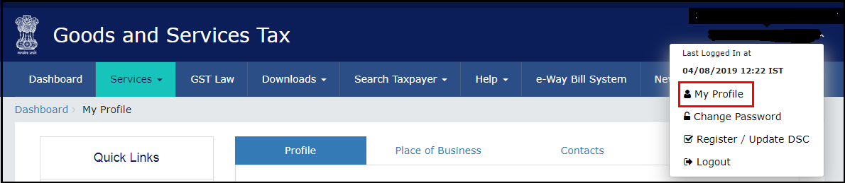 3.OTP Management in SARAL GST - Go to My Profile.